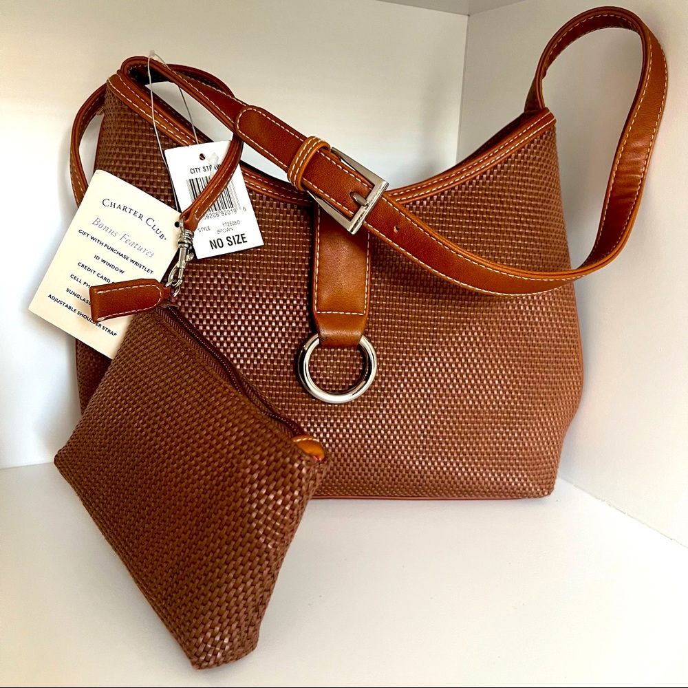 NWT Woven City Straw Bag with faux vegan Leather and matching wristlet